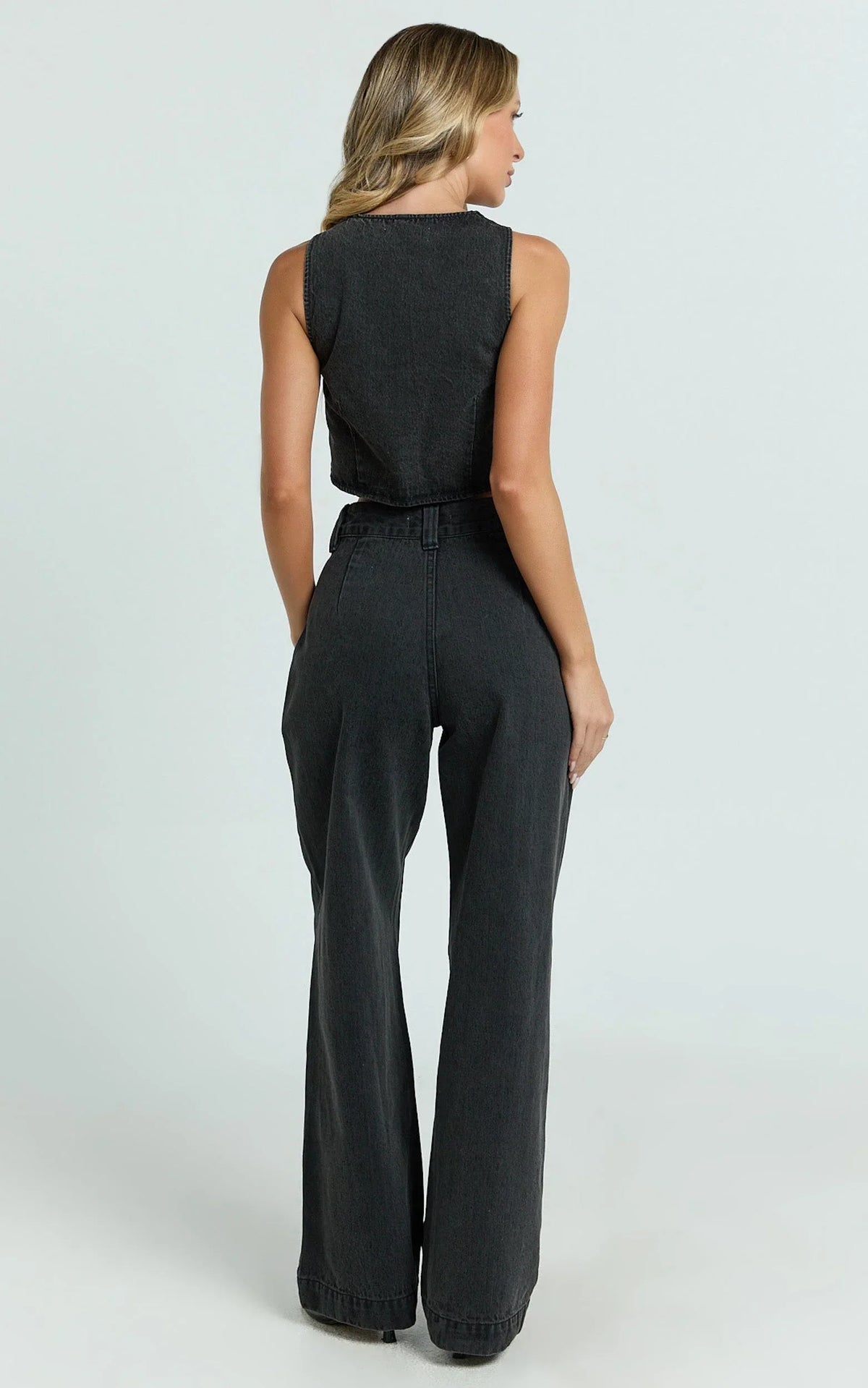Fergie Top - Denim Crop Vest Top in Washed Black