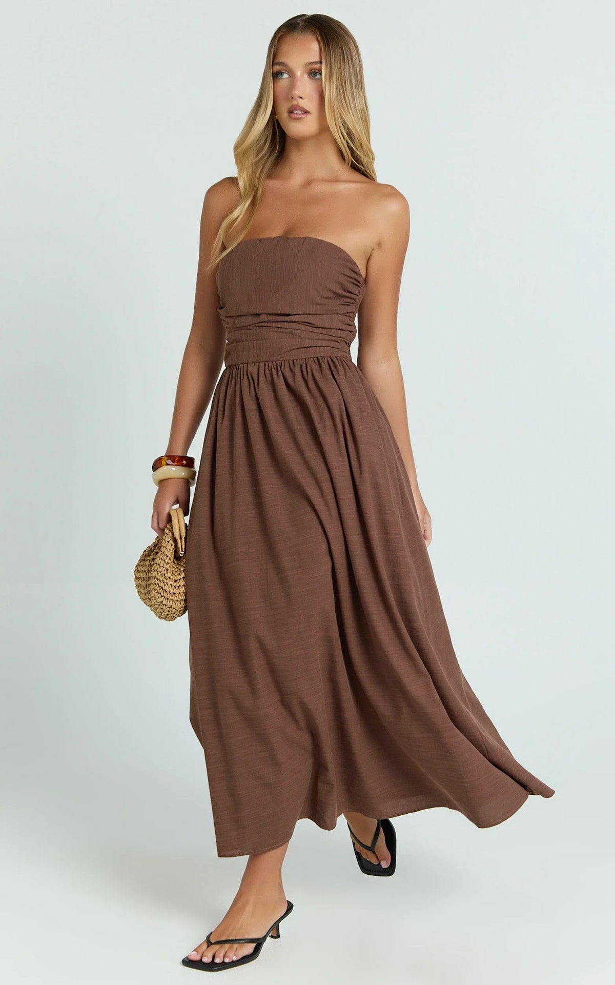 Polly Midi Dress - Strapless Ruched Dress in Chocolate