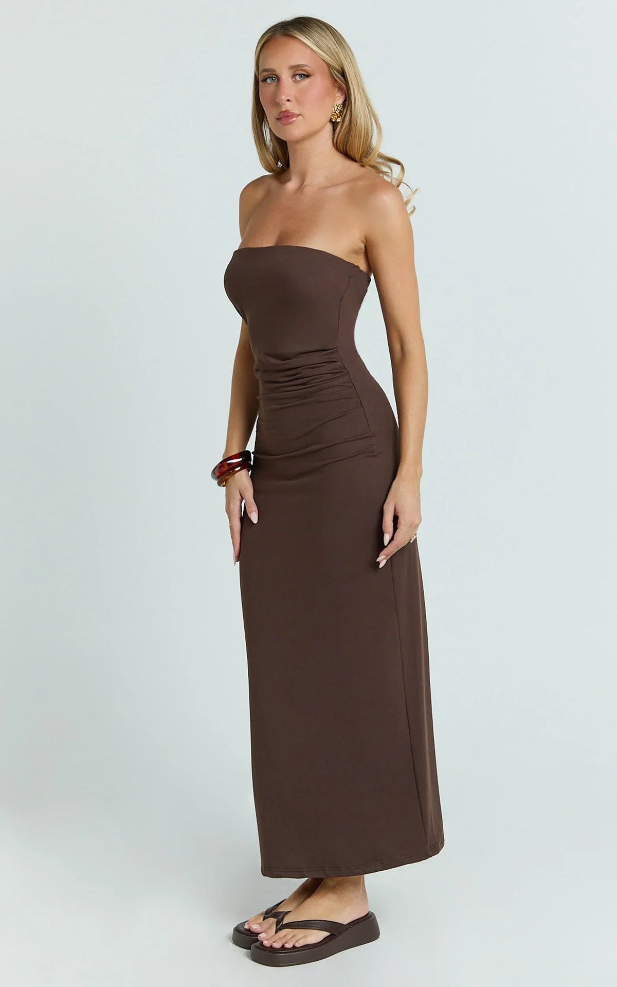 Natasha Midi Dress - Strapless Ruched Column Dress in Chocolate