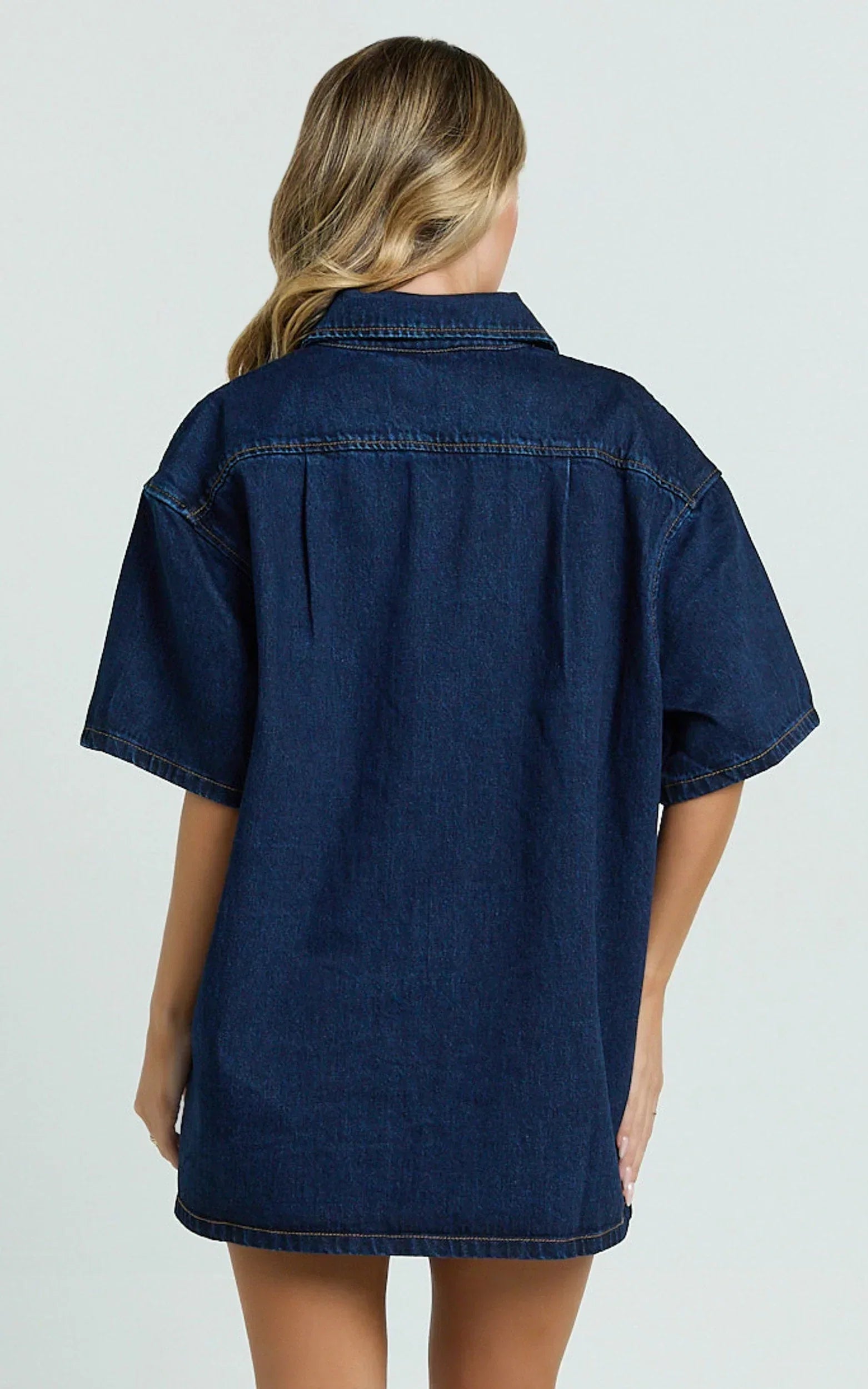 Rhianna Top - Oversized Recycled Denim Short Sleeve Shirt in Indigo Wash