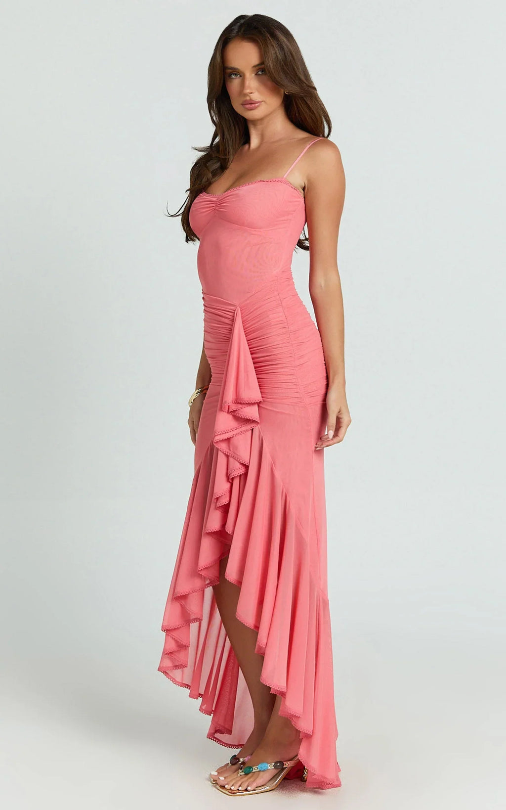 Brionna Midi Dress - Lace Neck Ruched Ruffle Hem Dress in Strawberry