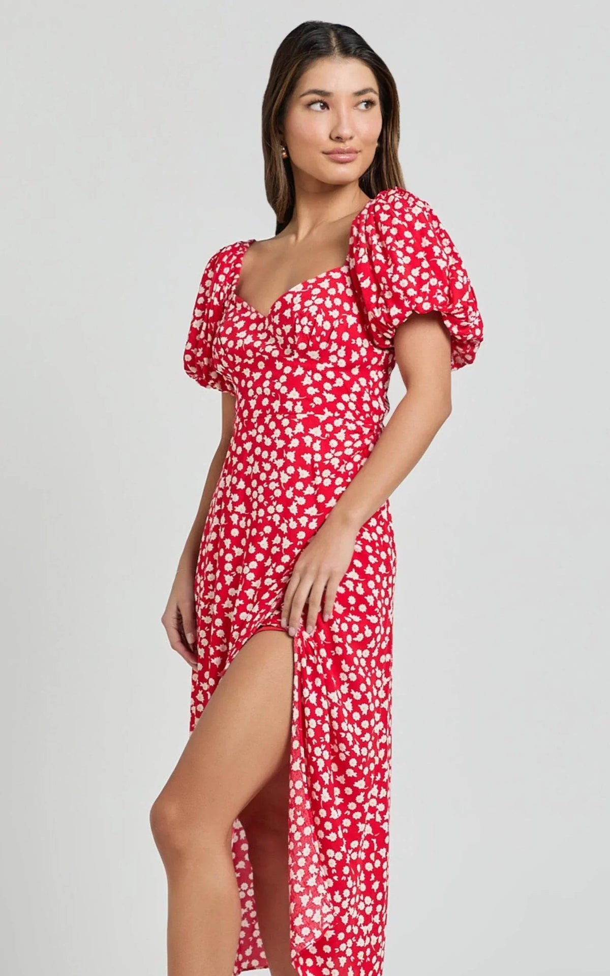Carlyn Midi Dress - Sweetheart Puff Sleeve Wrap Dress in Red Floral
