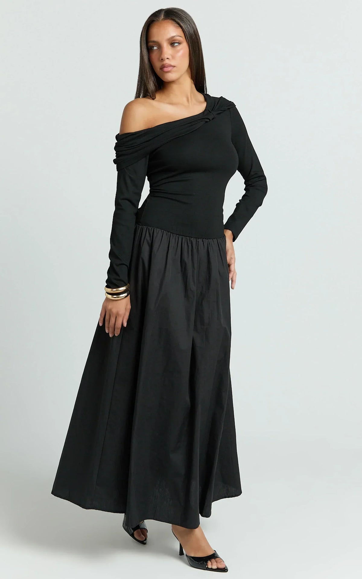 Lorna Midi Dress - One Shoulder Long Sleeve Dress in Black
