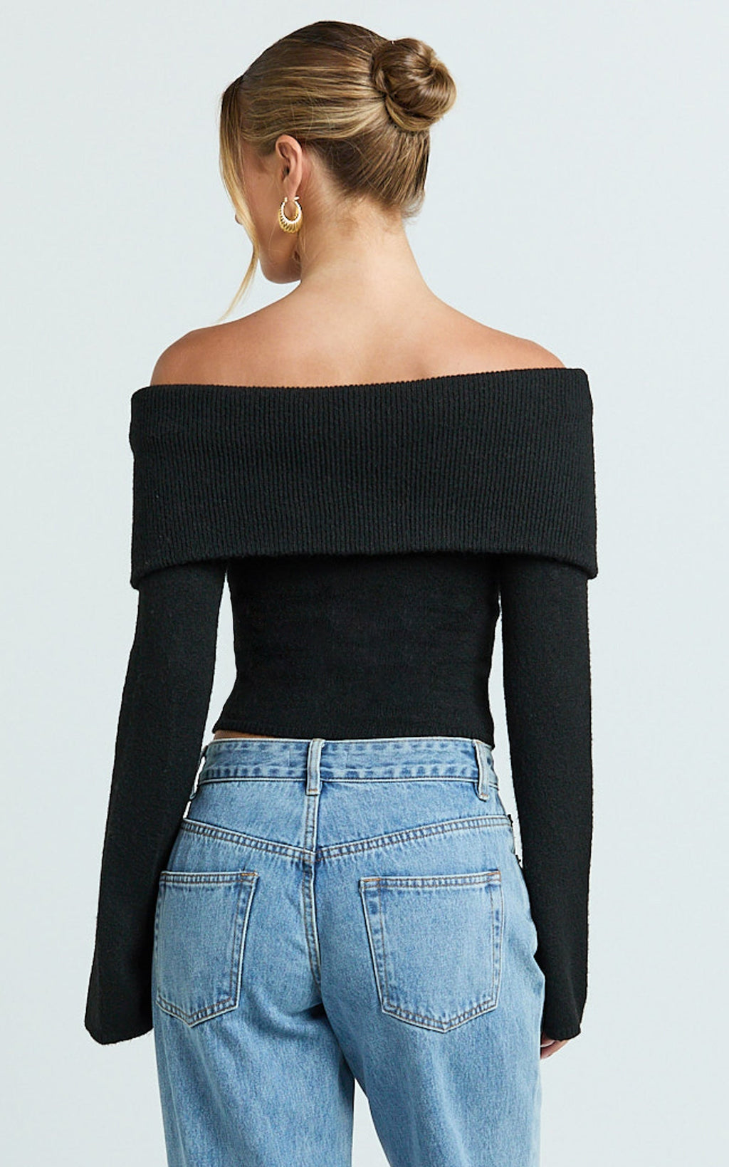 Darcie Top - Off Shoulder Long Sleeve Knitted Top in Black