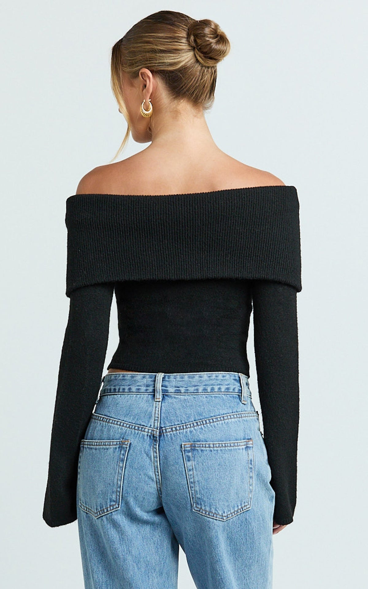 Darcie Top - Off Shoulder Long Sleeve Knitted Top in Black