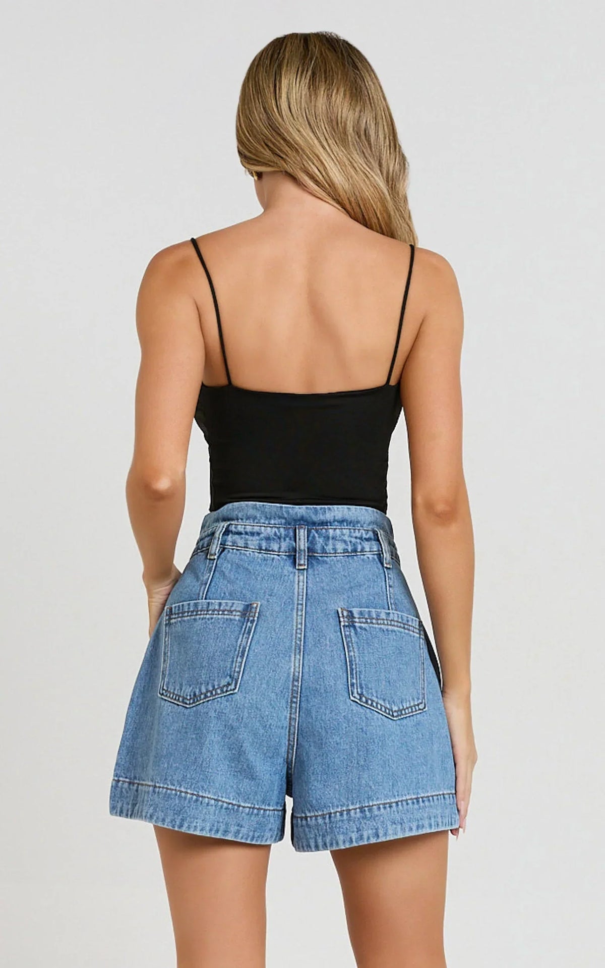 Kayla Shorts - High Waisted A Line Denim Shorts in Mid Blue Wash
