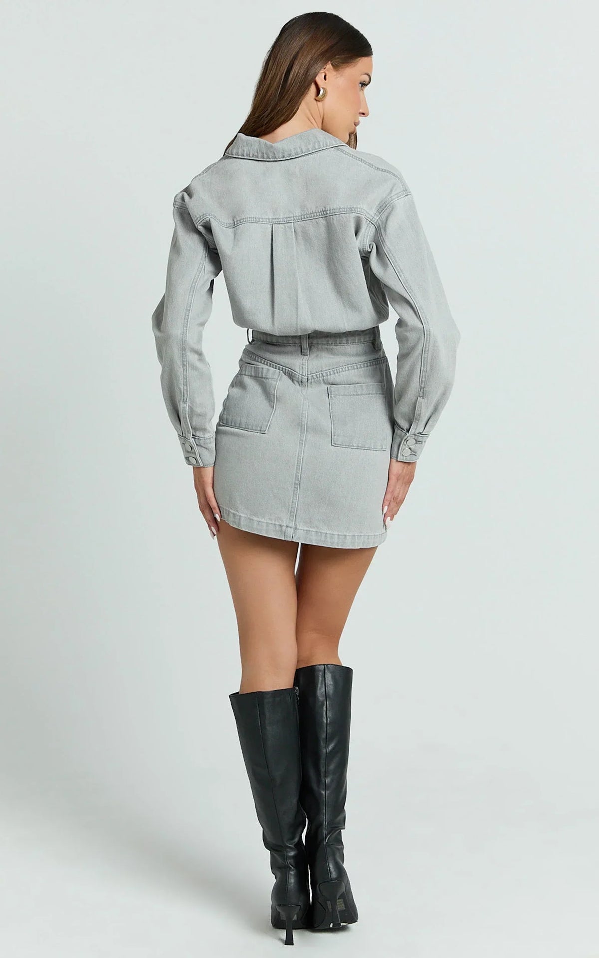 Kamala Mini Dress - Long Sleeve Button Through Denim Dress in Grey