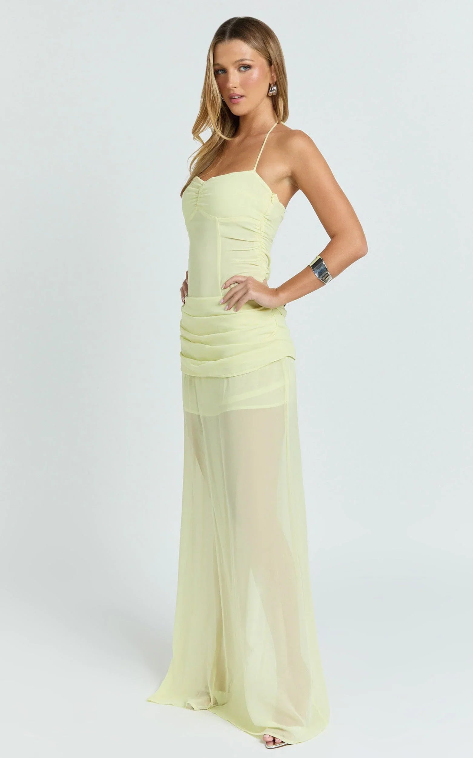 Hudgens Maxi Dress - Georgette Halter Draped Skirt Dress in Lemon
