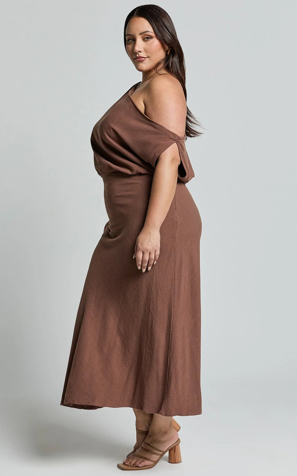 Jacqueline Midi Dress - Linen One Shoulder Dress in Chocolate