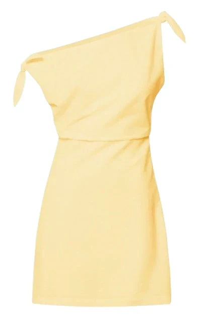 Jeofina Mini Dress - Off The Shoulder Linen Look Dress in Lemon