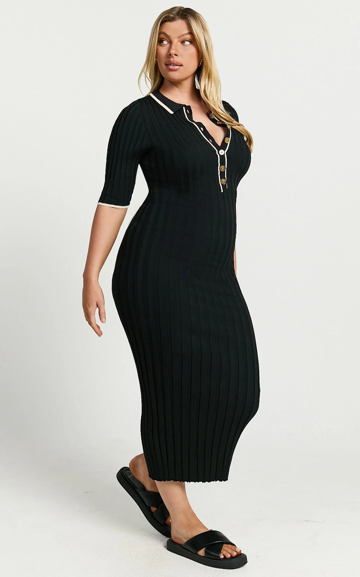 Lada Midi Dress - Short Sleeve Button Front Knit Dress in Black