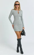 Nikola Mini Dress - Long Sleeve Placket Front Bodycon Dress in Grey Marle