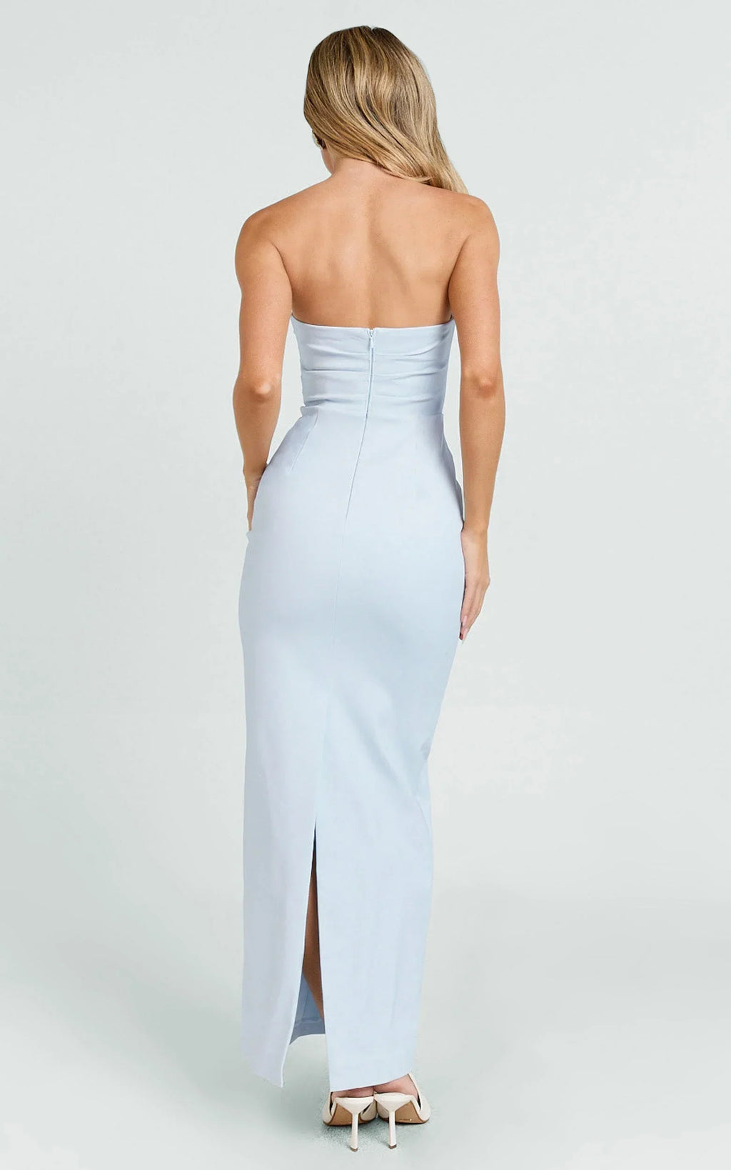 Jamie Midi Dress - Strapless Ruched Fitted Column Dress in Blue