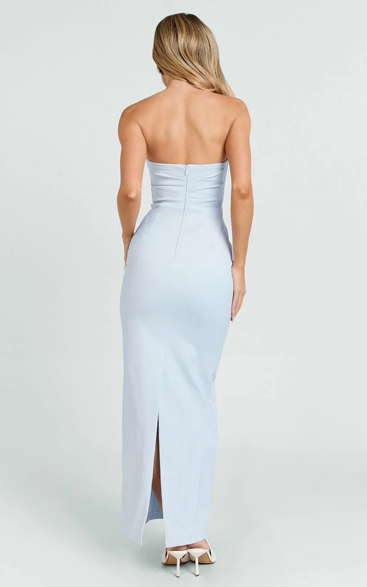 Jamie Midi Dress - Strapless Ruched Fitted Column Dress in Blue