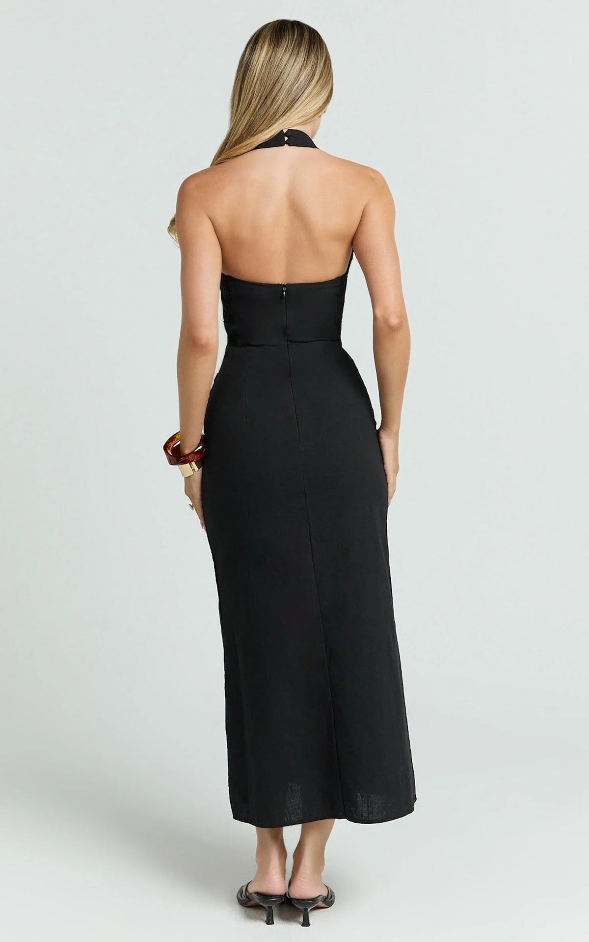 Murray Midi Dress - Deep U Halter Neck Dress in Black