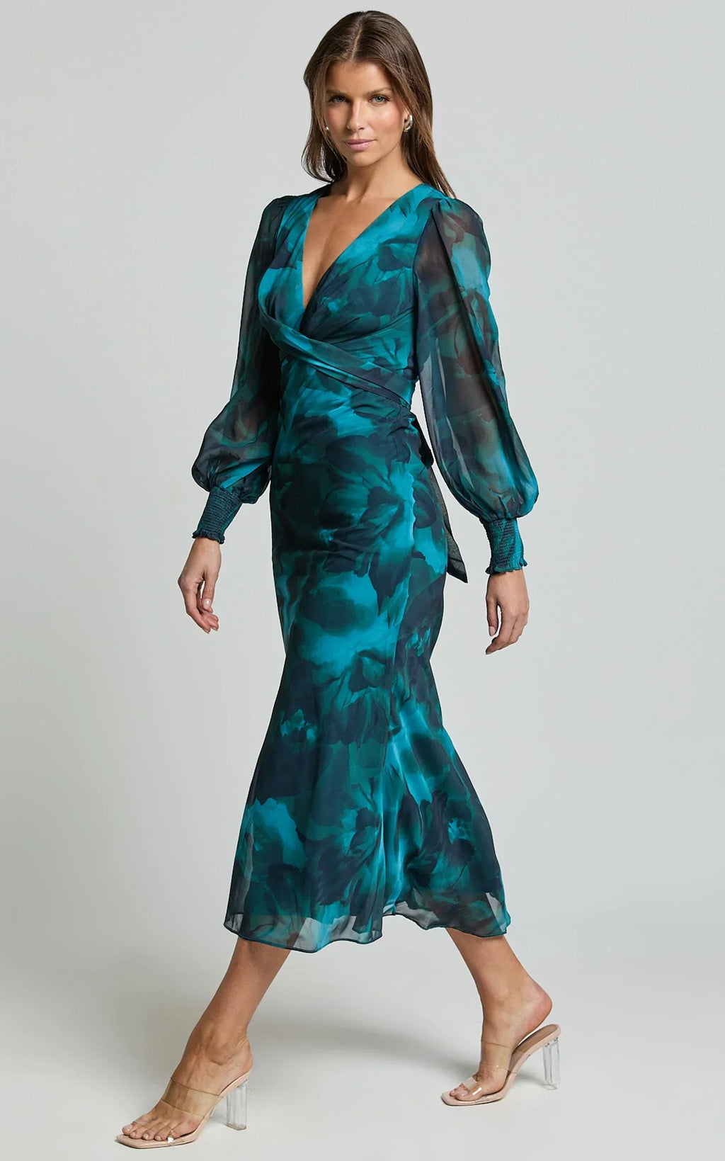 Artelia Midi Dress - V Neck Long Sleeve Slip Dress in Emerald