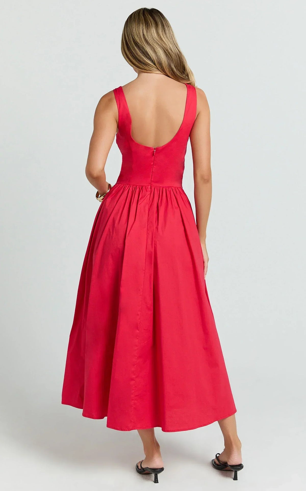 Beckett Midi Dress - Scoop Neck Drop V Waist Gathered Skirt Dress in Red