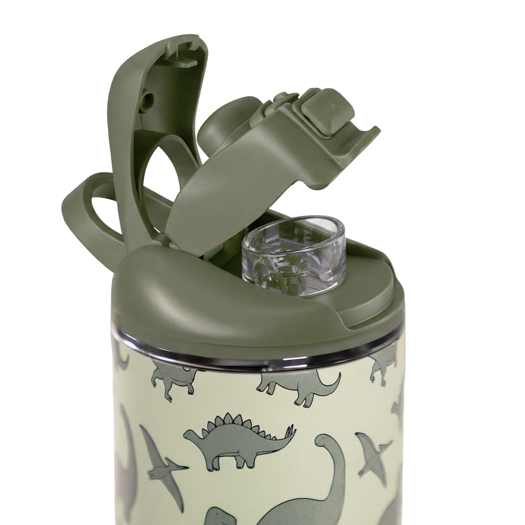 Close-up of HydroJug Ease2o Straw and Chug Lid in Dinosaur 14oz