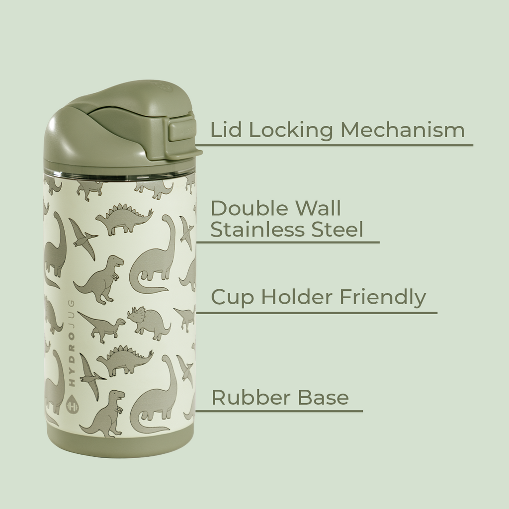 Dinosaur 14oz Ease2o Features: Locking Lid, Stainless Steel, Rubber Base