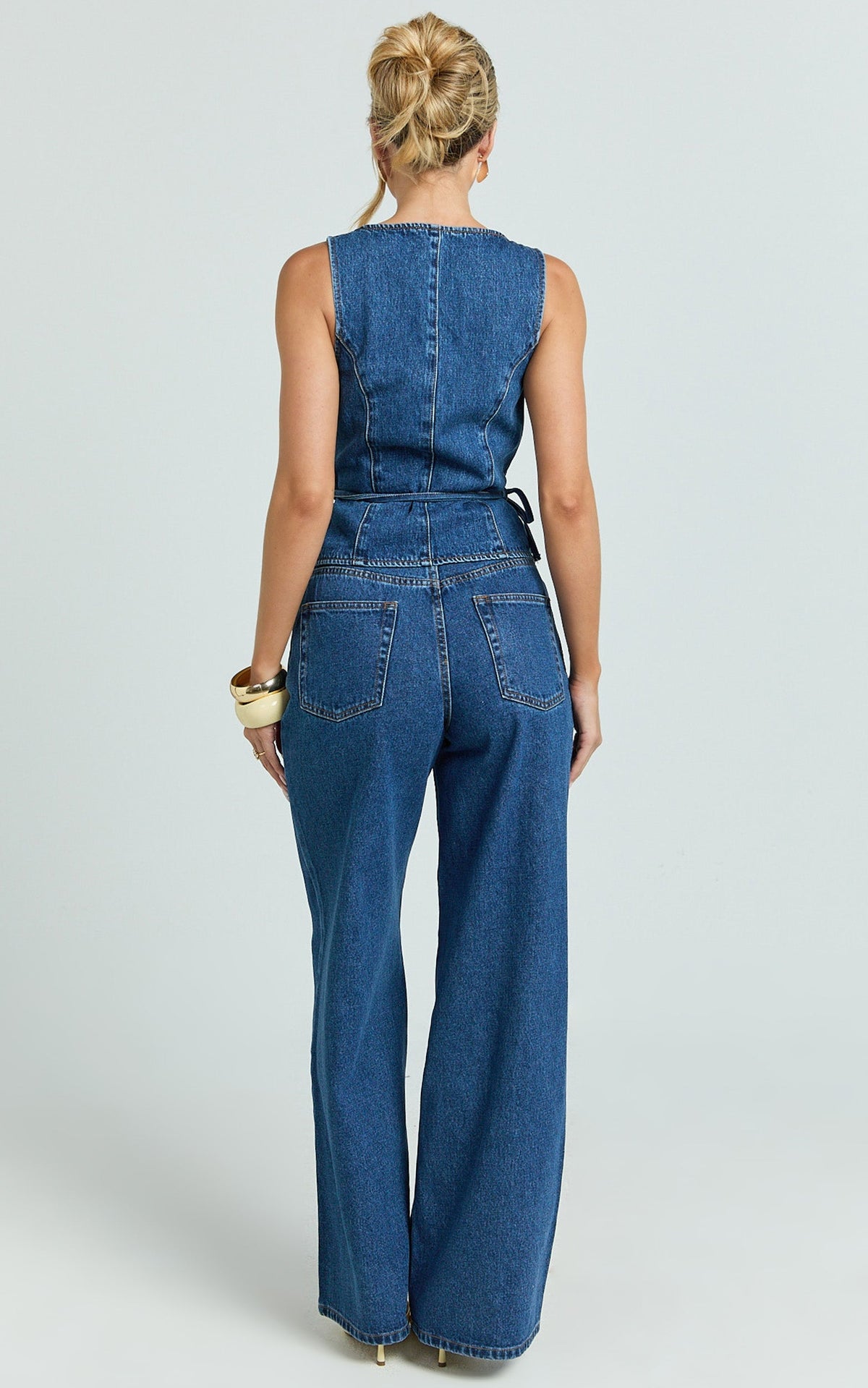 Eleonor Top - Denim V Neck Vest Top with Tie Waist in Mid Blue Wash