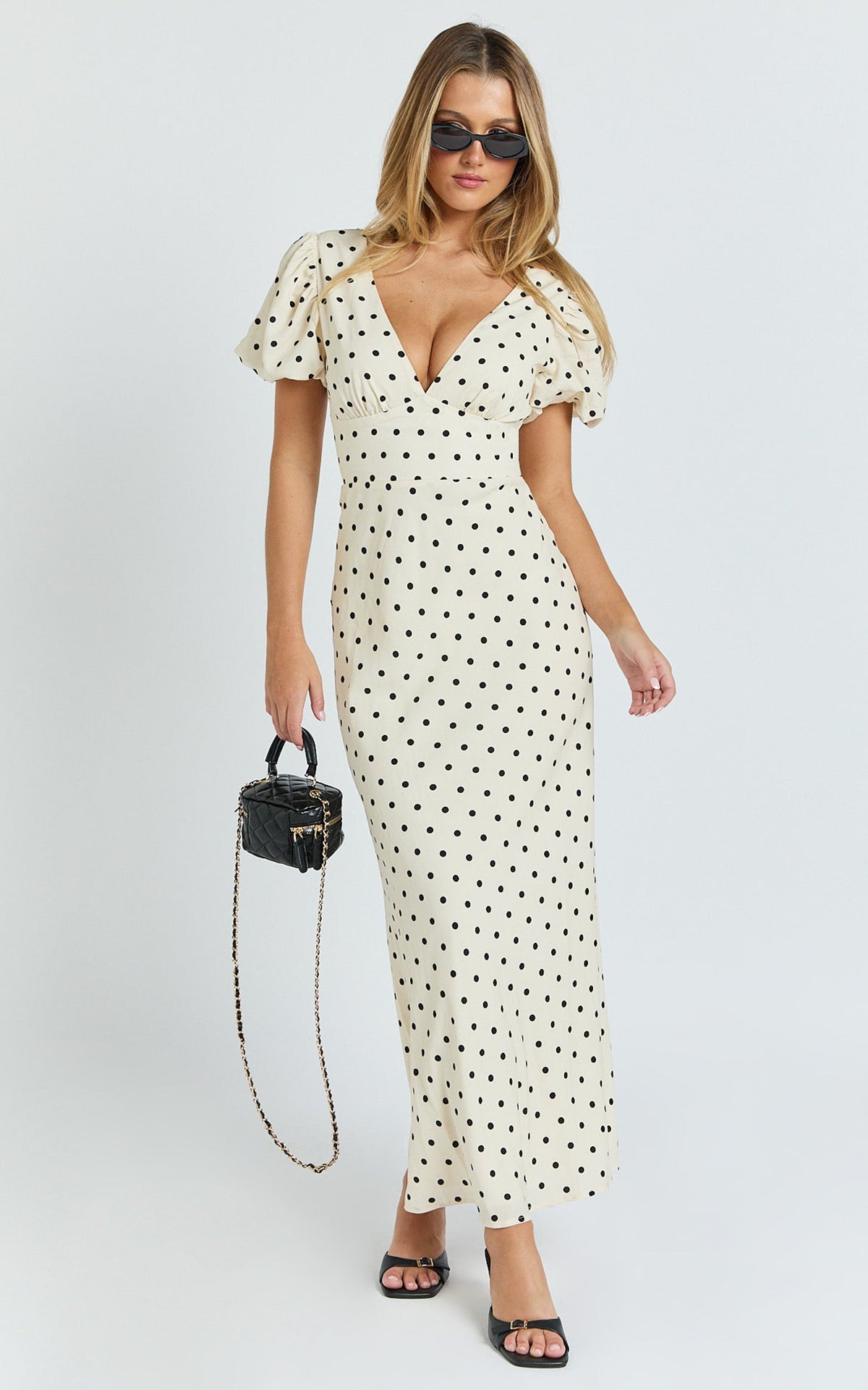 Elise Midi Dress - V Neck Puff Sleeve Dress in White Polka Dot
