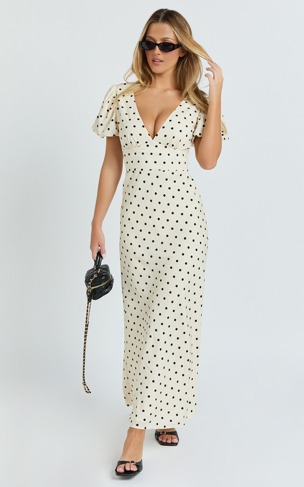 Elise Midi Dress - V Neck Puff Sleeve Dress in White Polka Dot