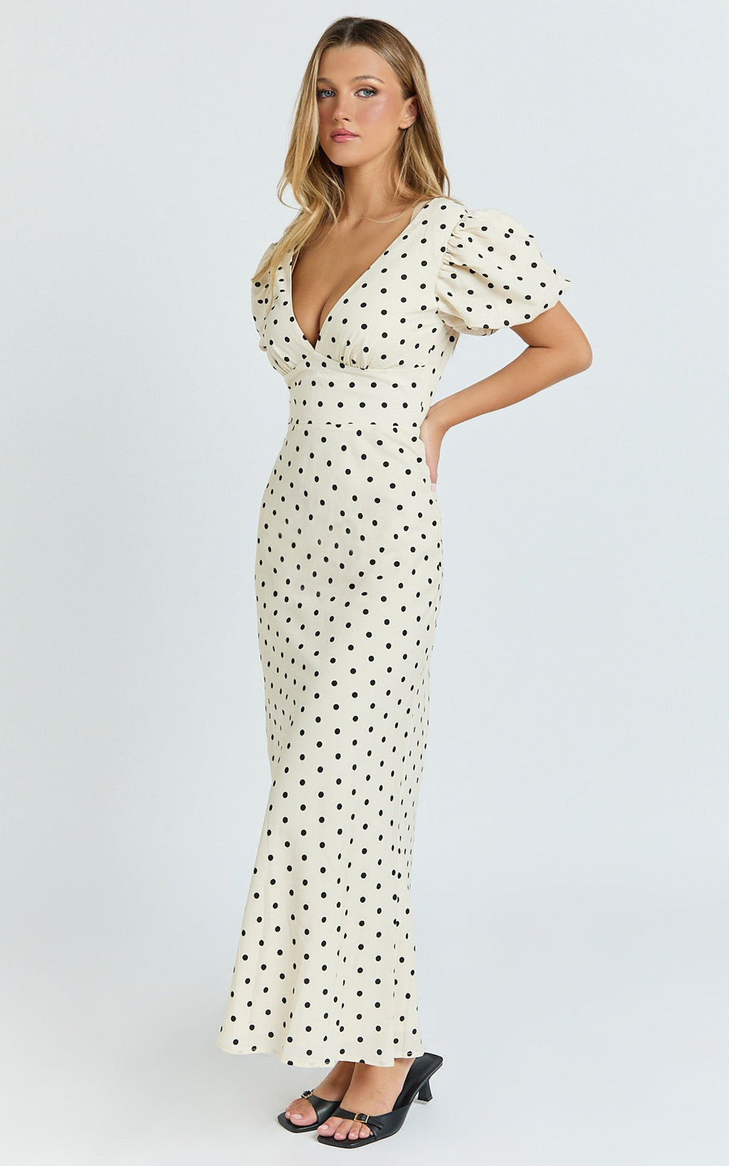 Elise Midi Dress - V Neck Puff Sleeve Dress in White Polka Dot