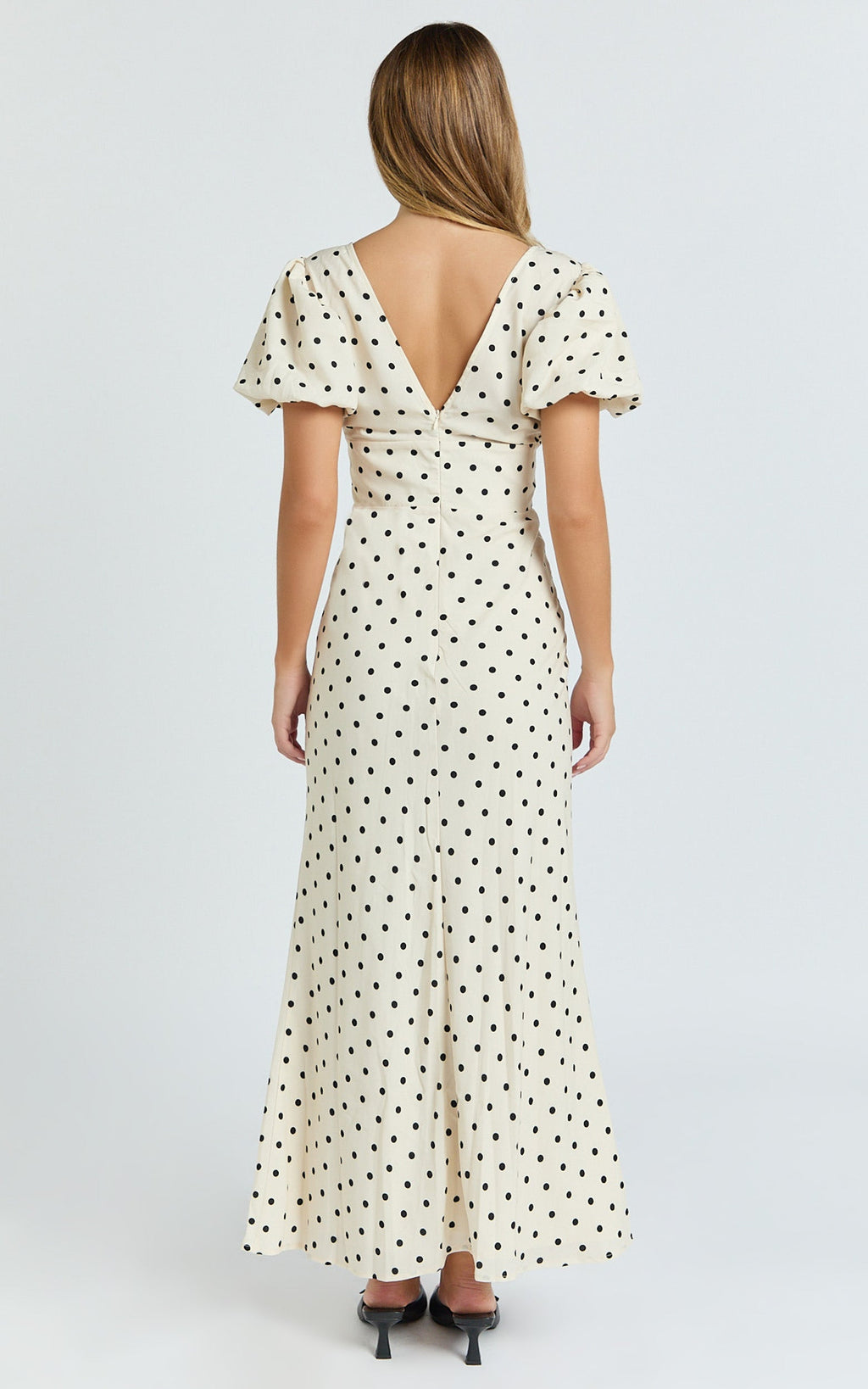Elise Midi Dress - V Neck Puff Sleeve Dress in White Polka Dot