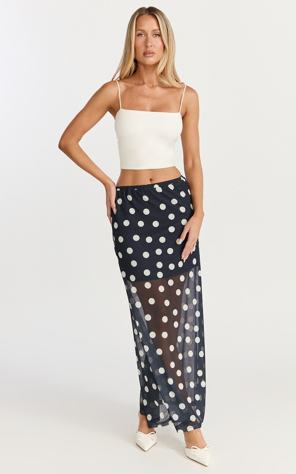 Ella Midi Skirt - Sheer Layered Skirt in Navy Polka Dot