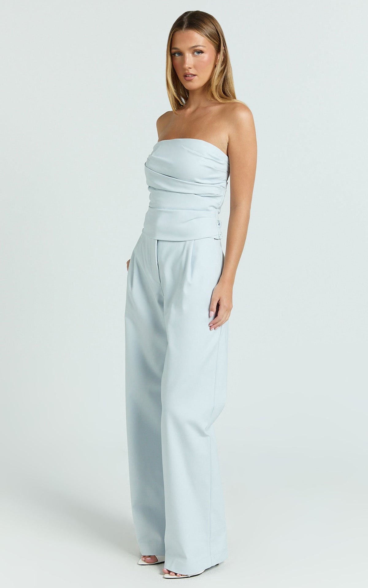 Ella Two Piece Set - Ruched Strapless Top and Tailored Pants in Blue