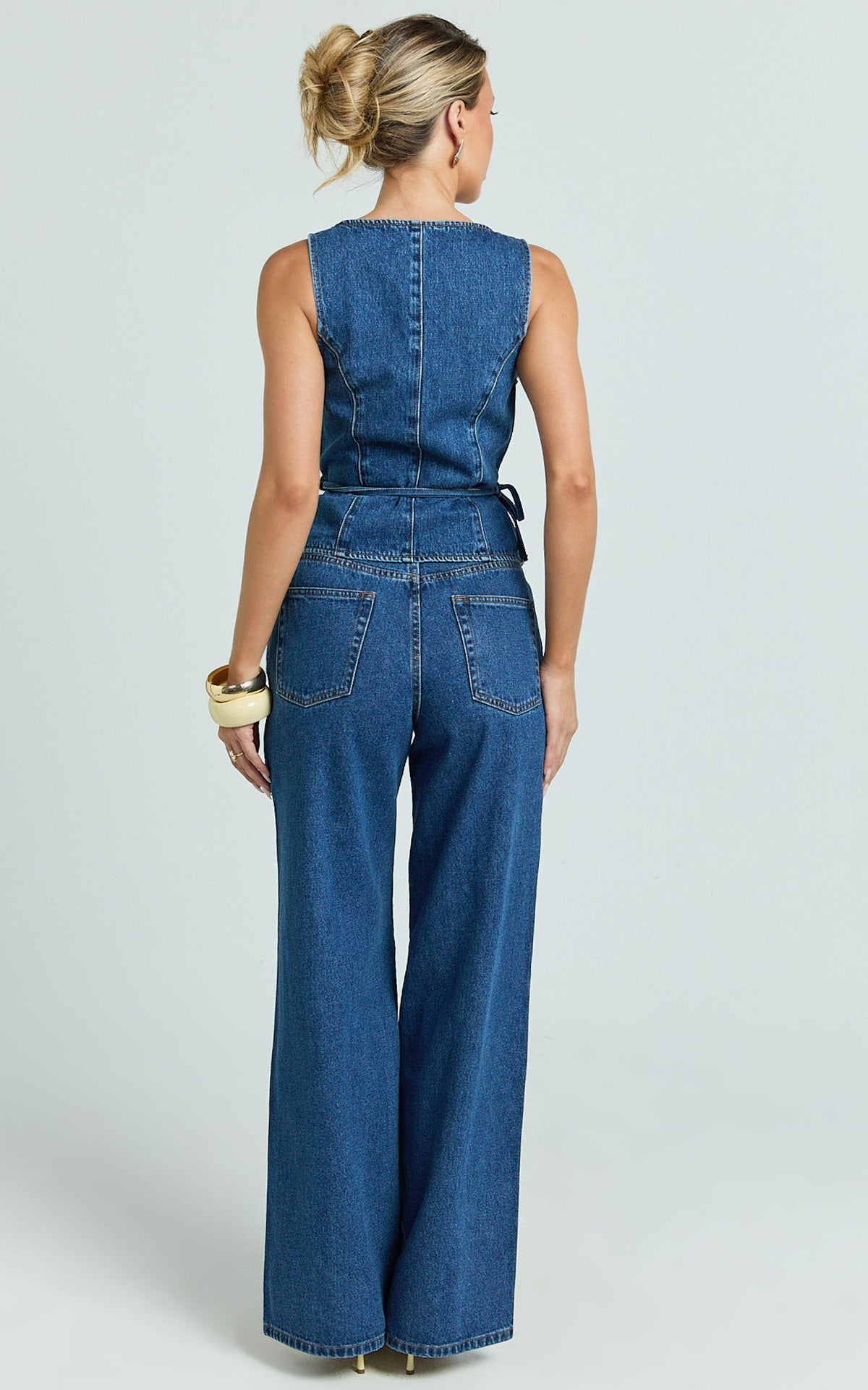 Enya Jeans - High Waist Wide Leg Pleated Denim Jeans in Dark Mid Blue