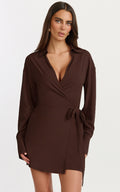 Erin Mini Dress - Longsleeve Wrap Shirt Dress in Chocolate