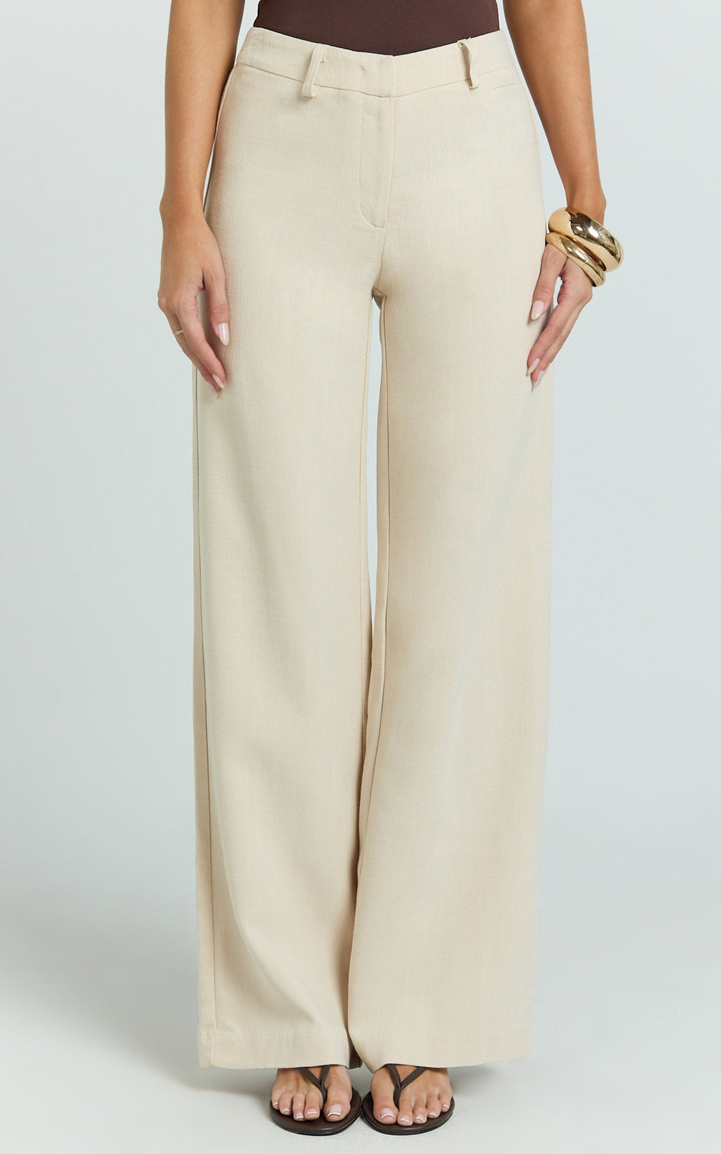 Evie Pants - Mid Rise Wide Leg Linen Blend Tailored Pants in Sand