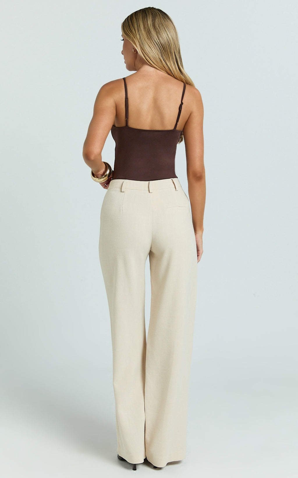 Evie Pants - Mid Rise Wide Leg Linen Blend Tailored Pants in Sand