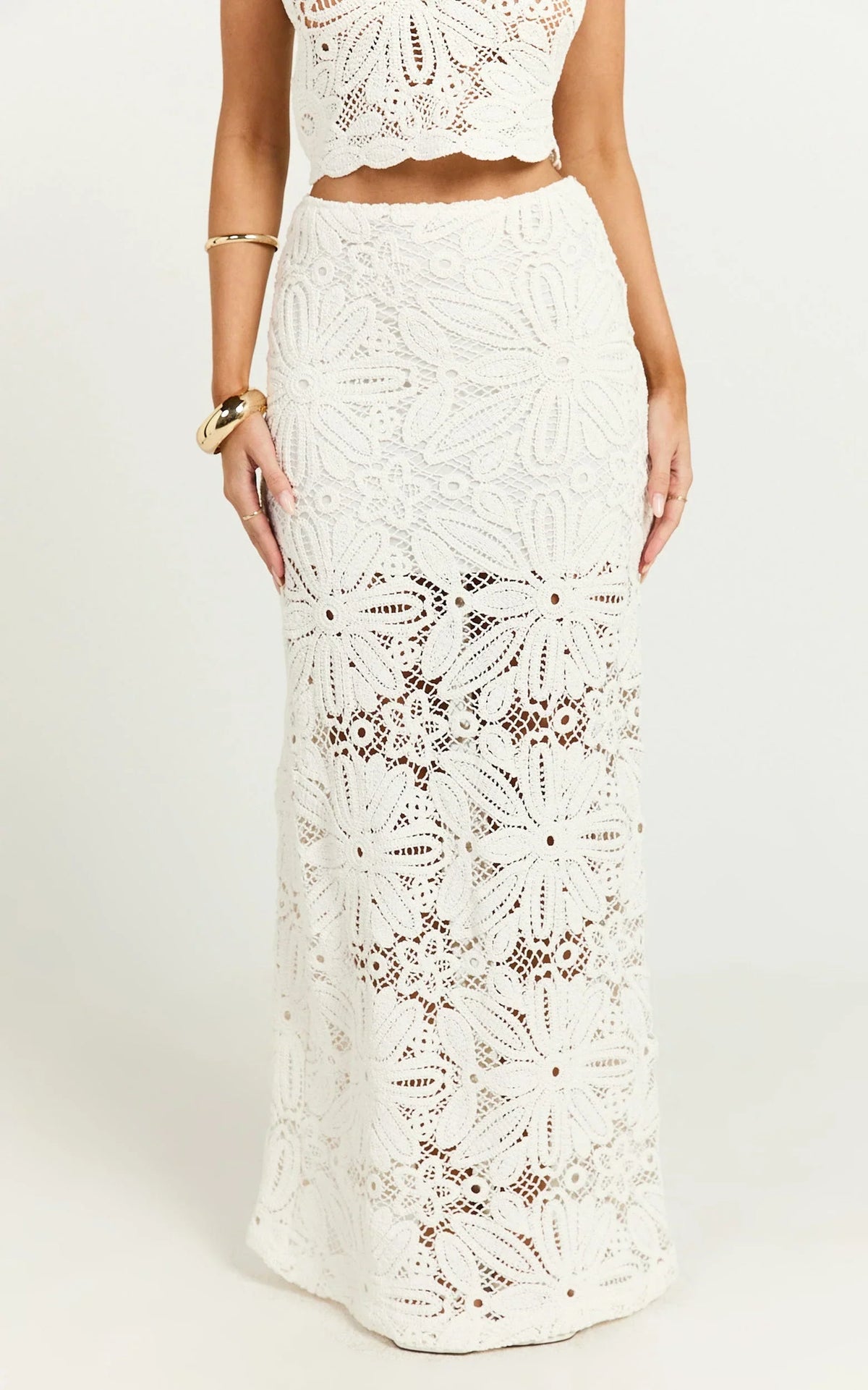 Charlene Maxi Skirt - Crochet Fit And Flare Skirt in White