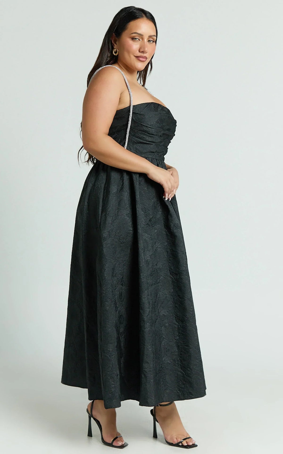 Alvia Midi Dress - Diamante Strap Ruched Straight Neck Dress in Black