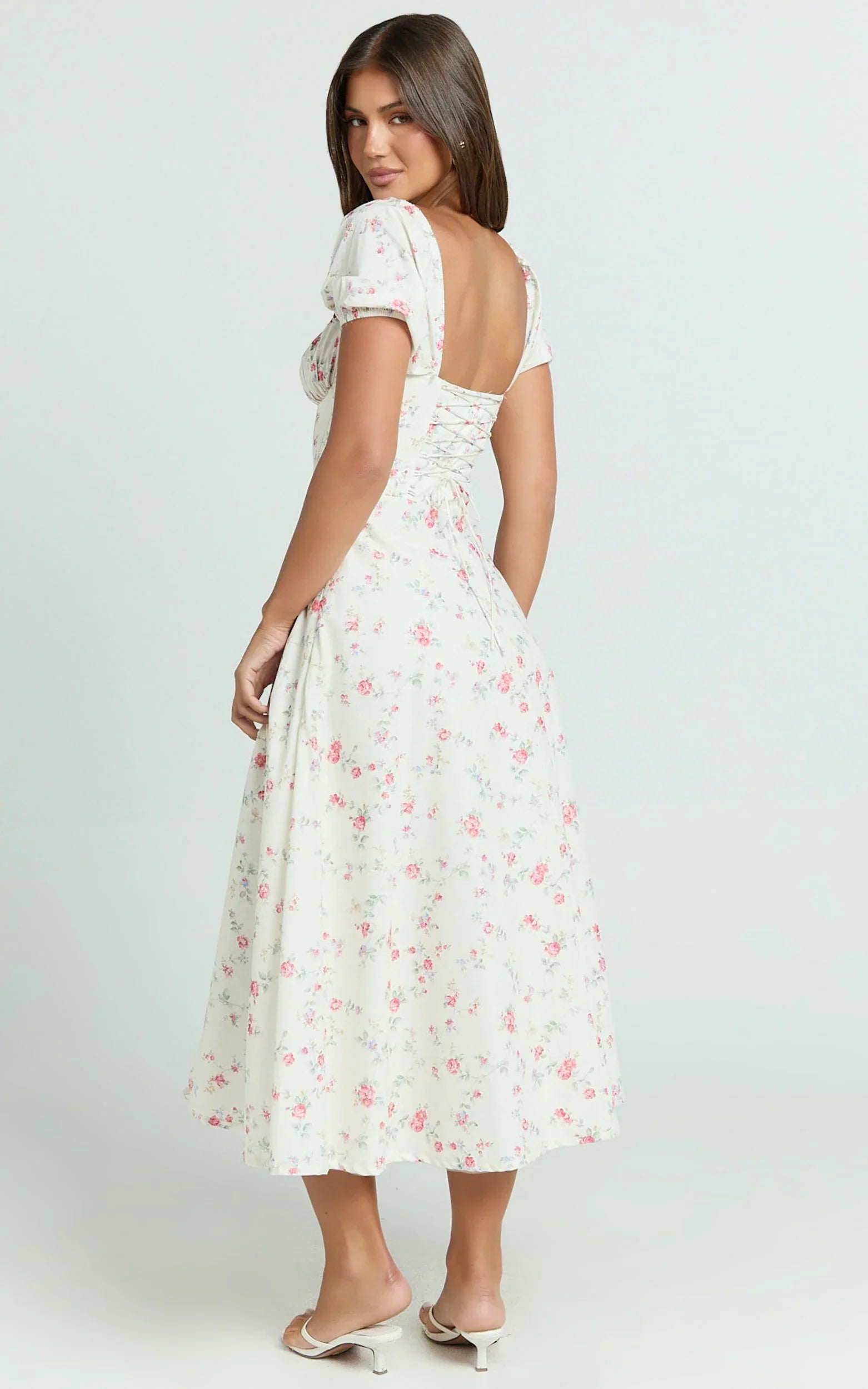 Imani Midi Dress - Puff Sleeve Square Neck Circle Skirt Dress in Cream