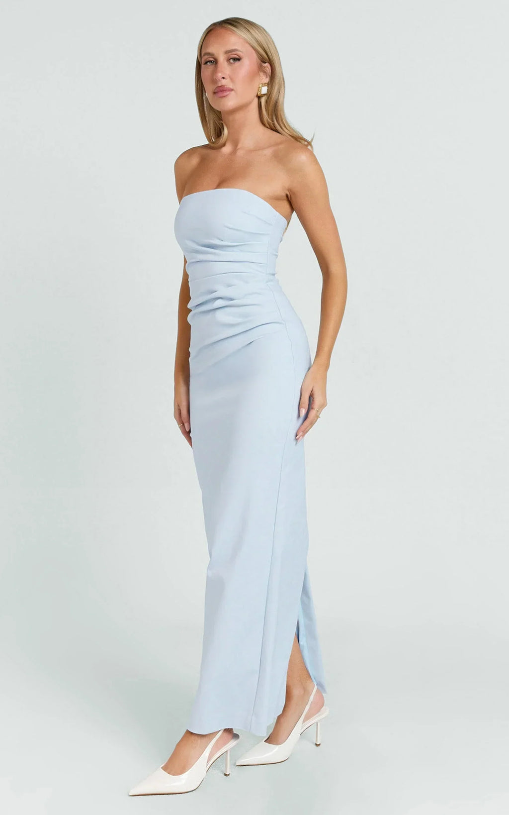 Jamie Midi Dress - Strapless Ruched Fitted Column Dress in Blue