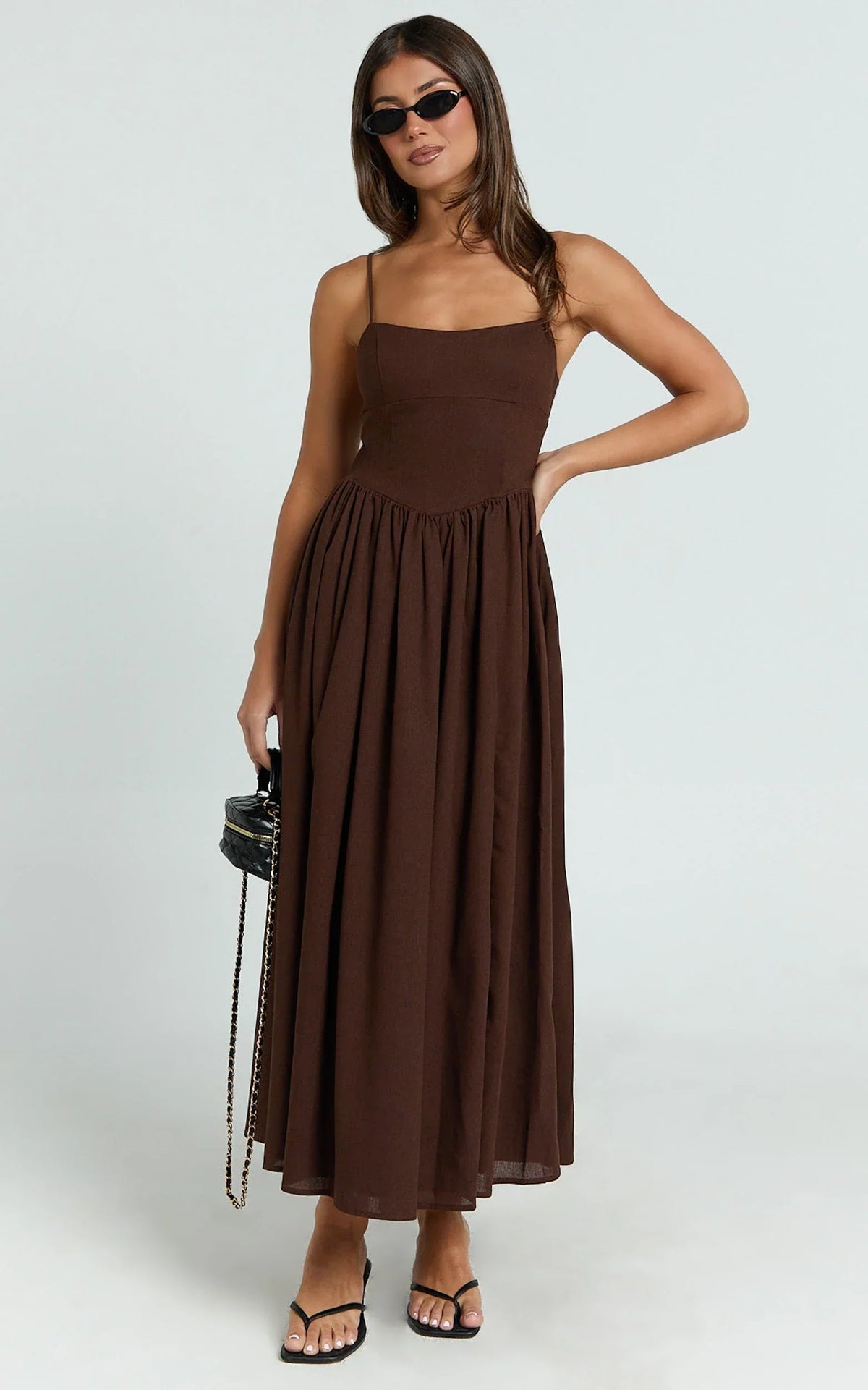 Morris Midi Dress - Linen Scoop Neck Gathered Dress in Chocolate