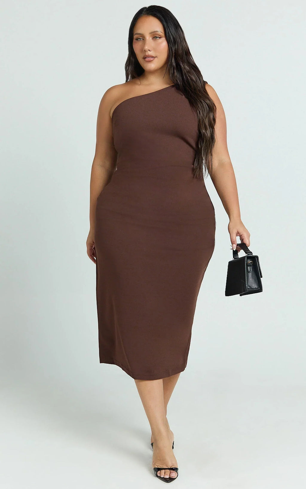 Monette Midi Dress - One Shoulder Straight Dress in Chocolate