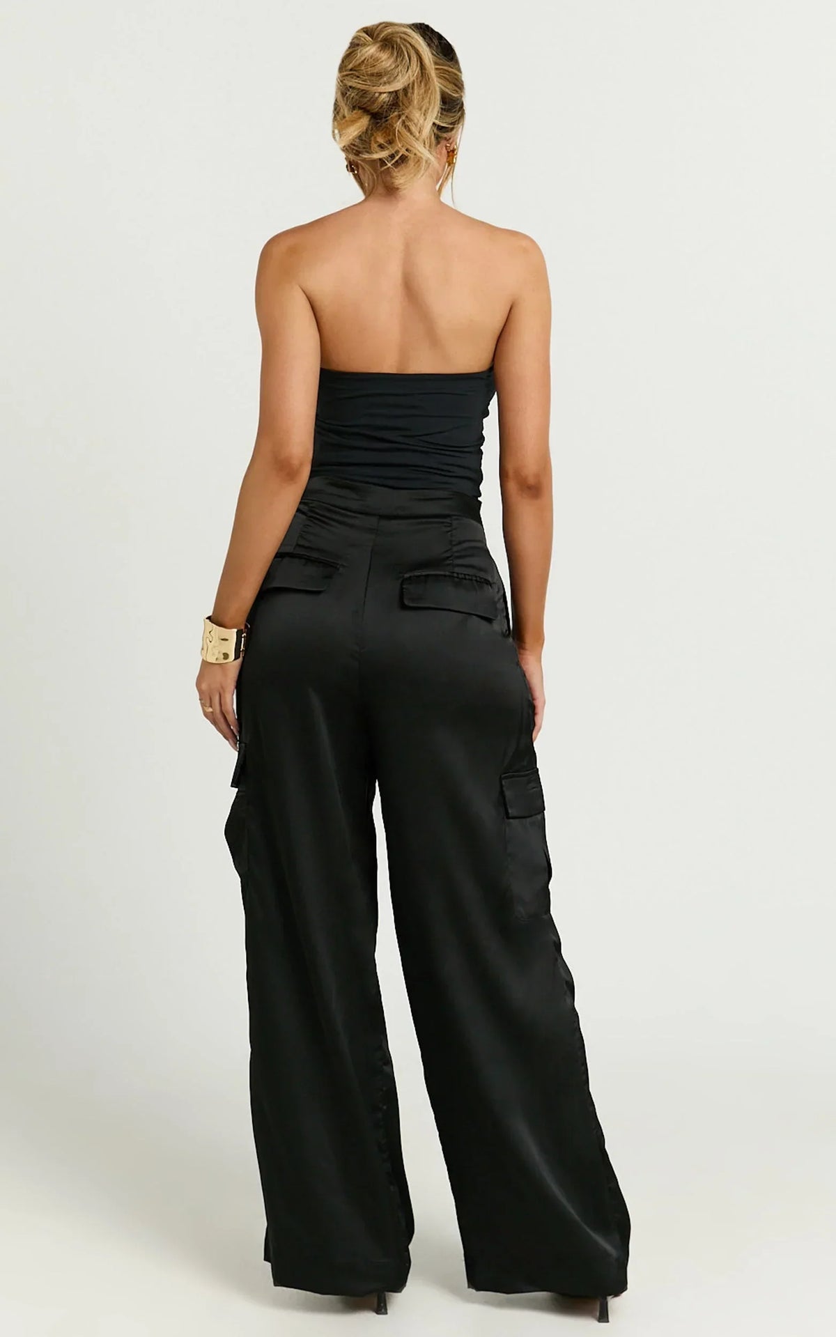 Amie Pants - High Waist Satin Tailored Cargo Pants in Black