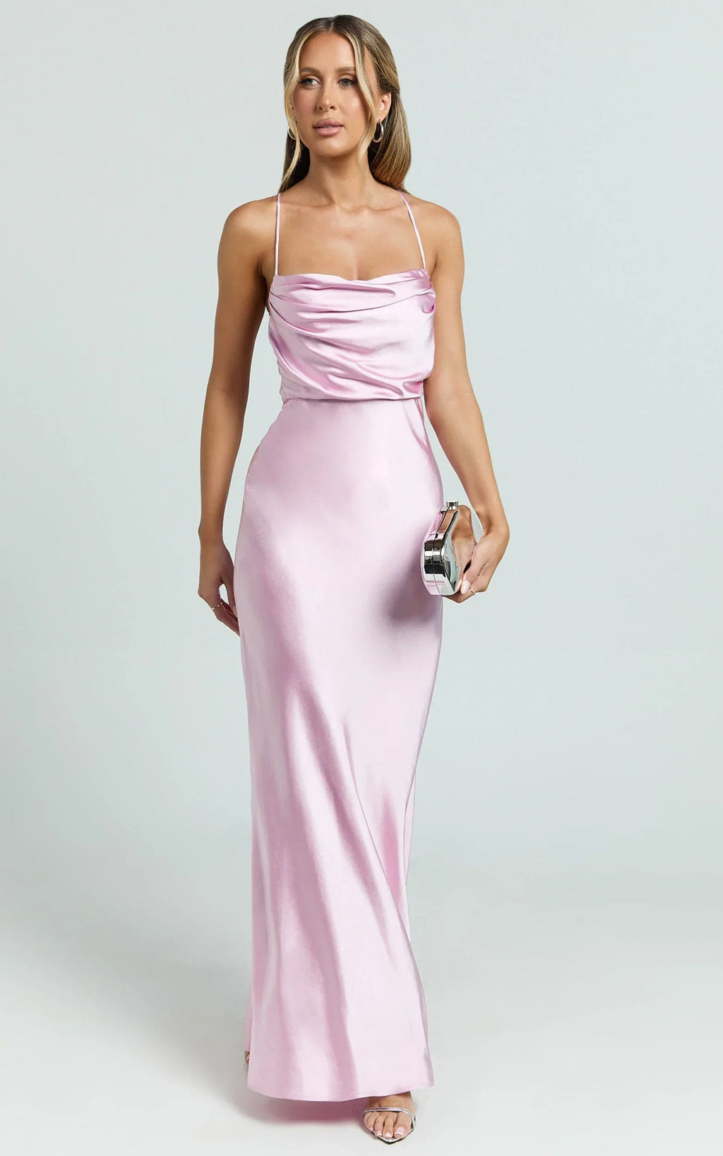 Hanna Maxi Dress - Satin Cowl Neck Low Back Dress in Pink