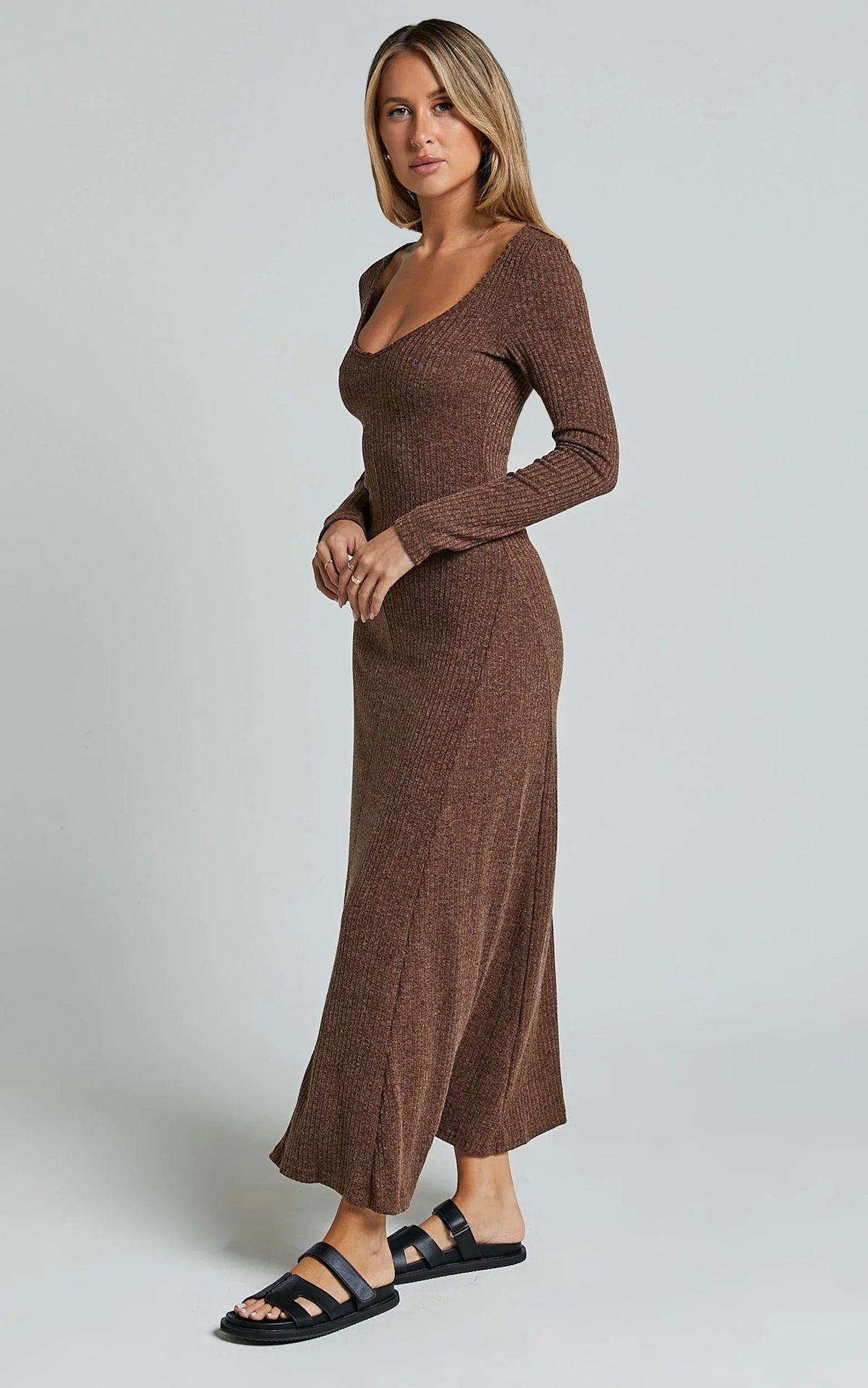 Lydia Midi Dress - V Neck Long Sleeve Knitted Dress in Chocolate