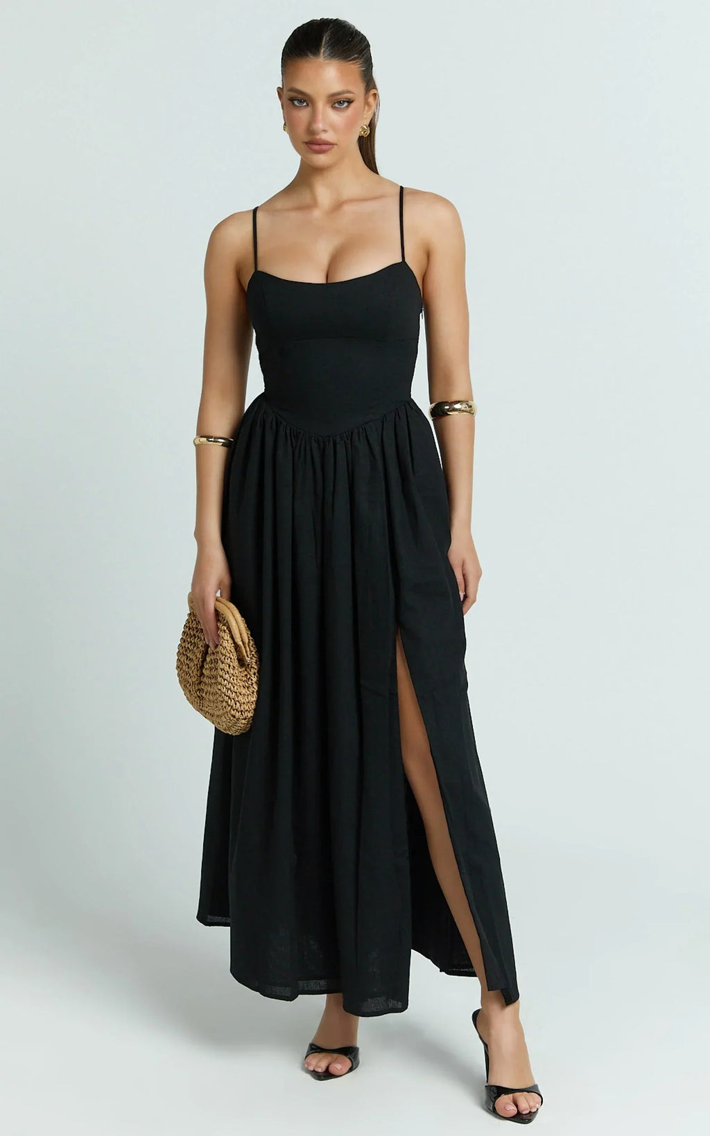Morris Midi Dress - Linen Scoop Neck Gathered Dress in Black