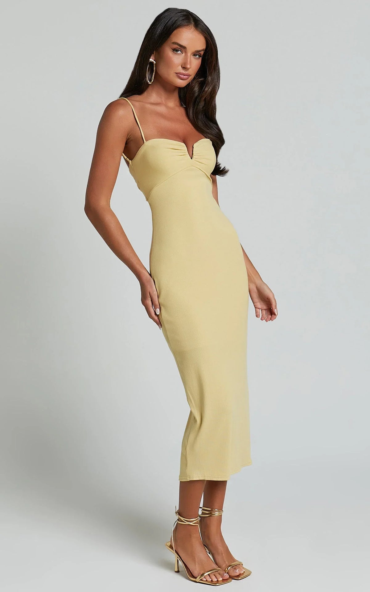 Ariella Midi Dress - Strappy Cut Out Back Split Dress in Lemon