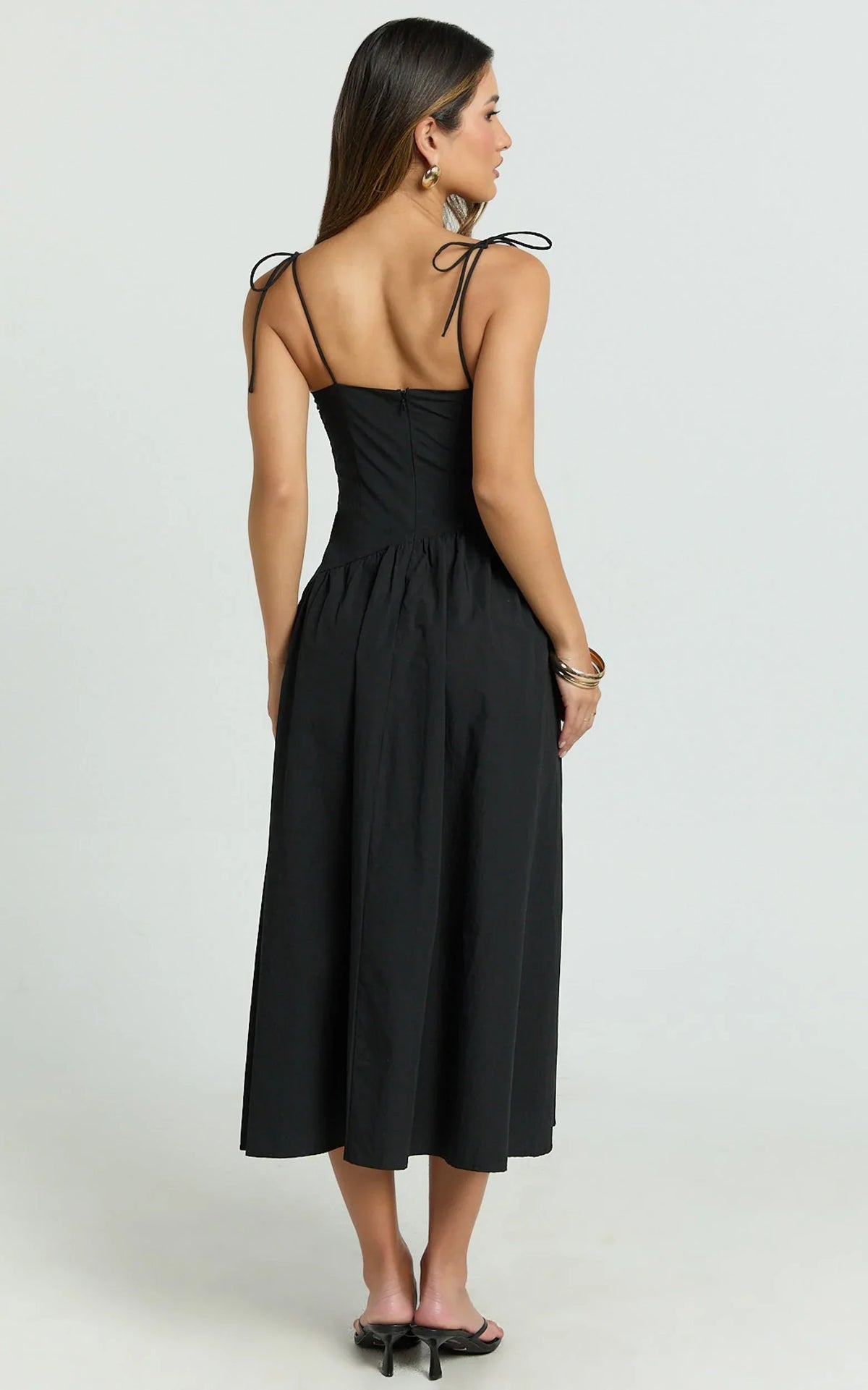 Myrtle Midi Dress - Straight Neck Curved Drop Waist Gathered Full Skirt Dress in Black