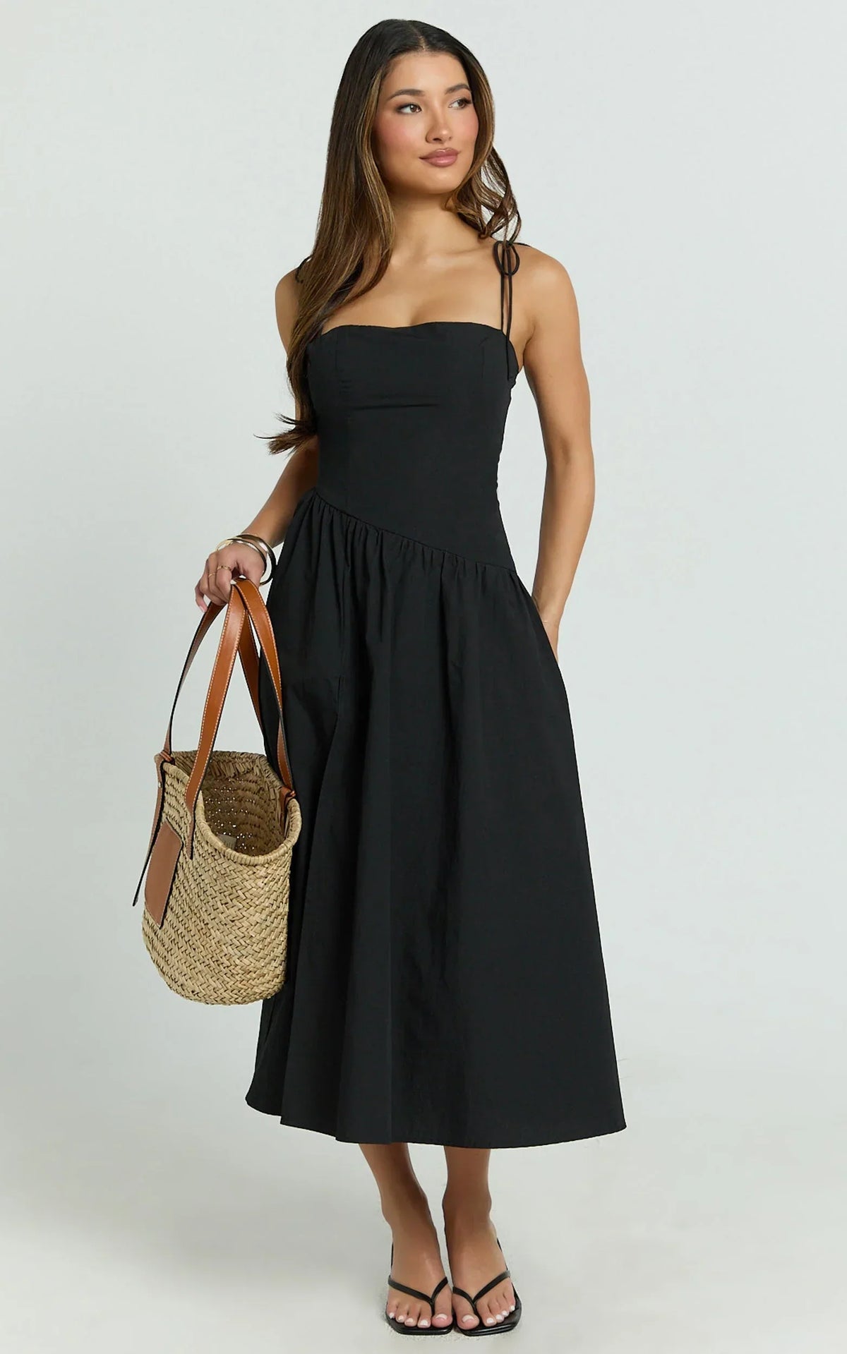 Myrtle Midi Dress - Straight Neck Curved Drop Waist Gathered Full Skirt Dress in Black