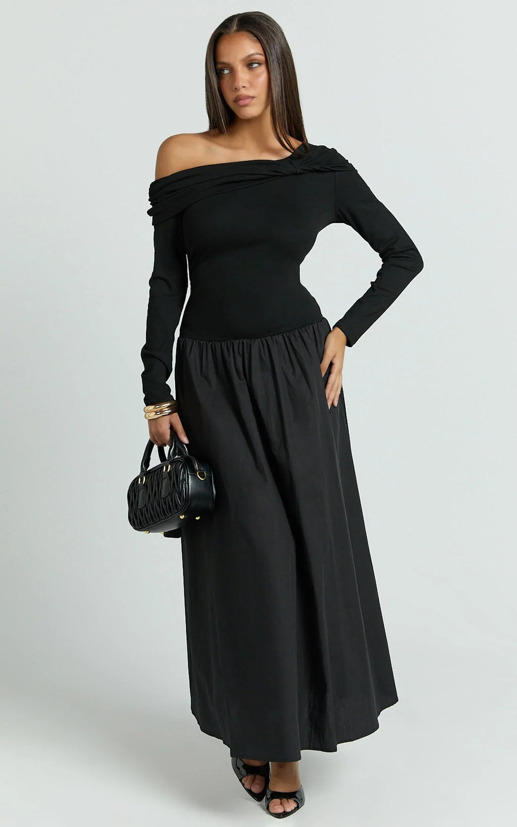 Lorna Midi Dress - One Shoulder Long Sleeve Dress in Black