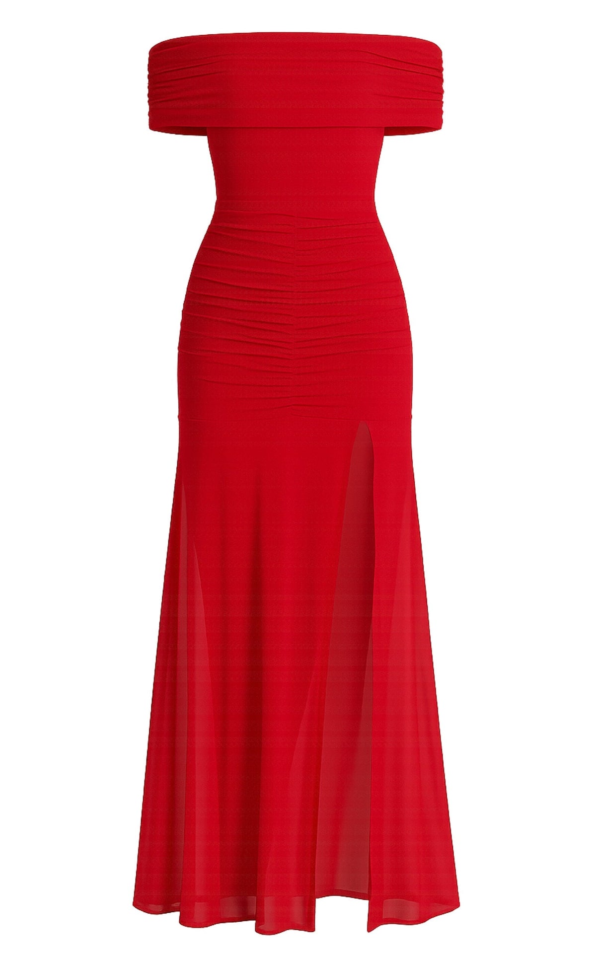 Alanna Maxi Dress - Off Shoulder Ruched Mesh Dress in Red