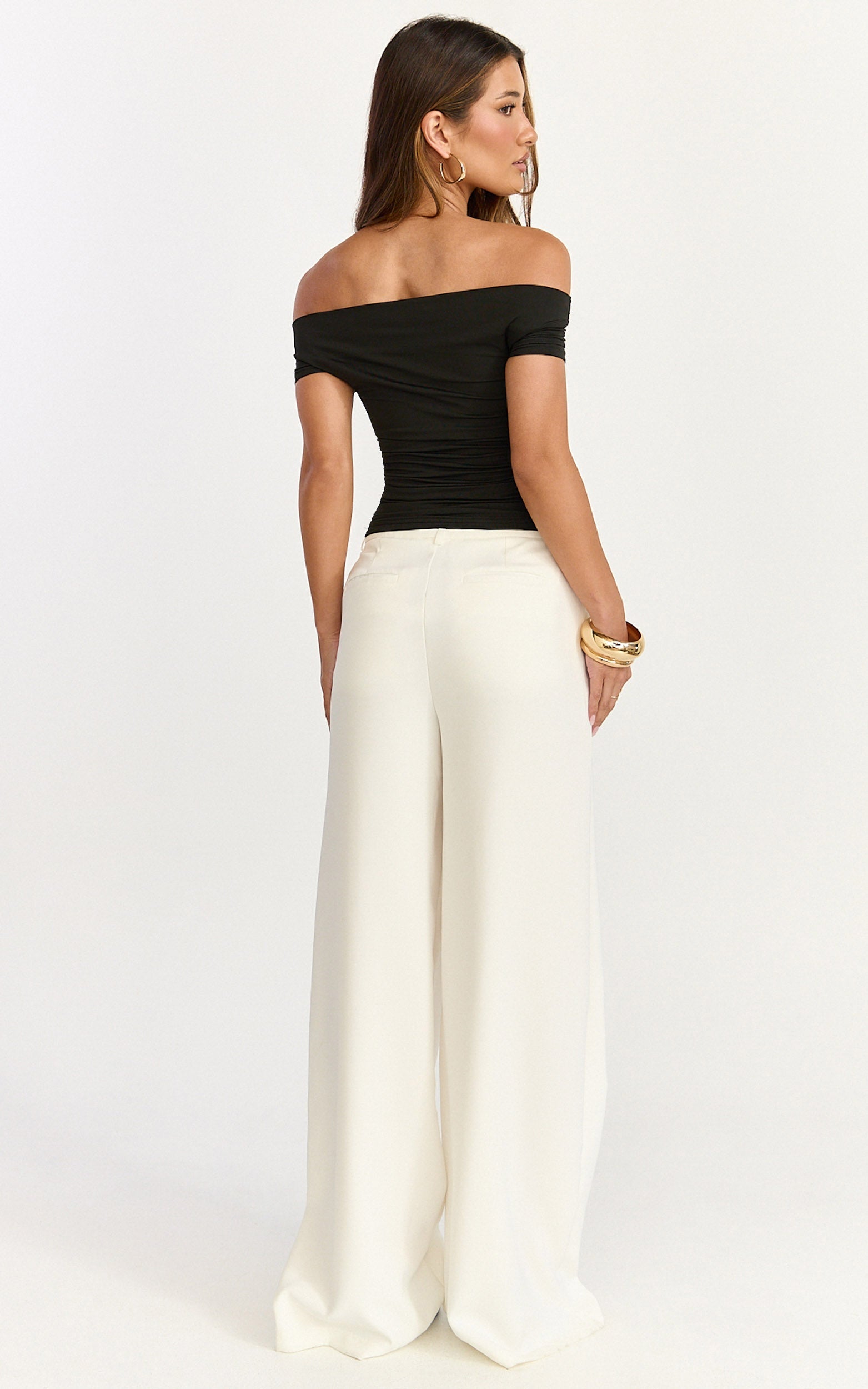 Gena Top - Off Shoulder Gathered Short Sleeve Top in Black